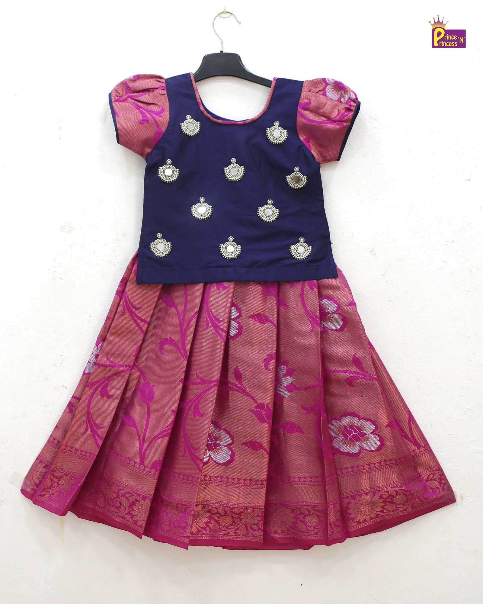 Kids Pink with Navy Traditional Aari Pattupavadai PPP1749 - Prince N Princess