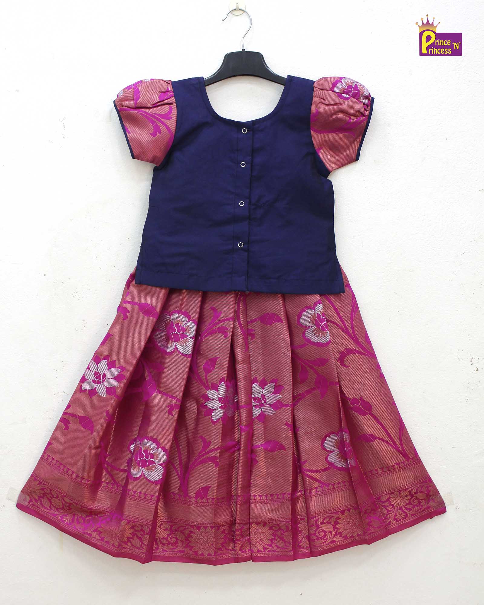 Kids Pink with Navy Traditional Aari Pattupavadai PPP1749 - Prince N Princess