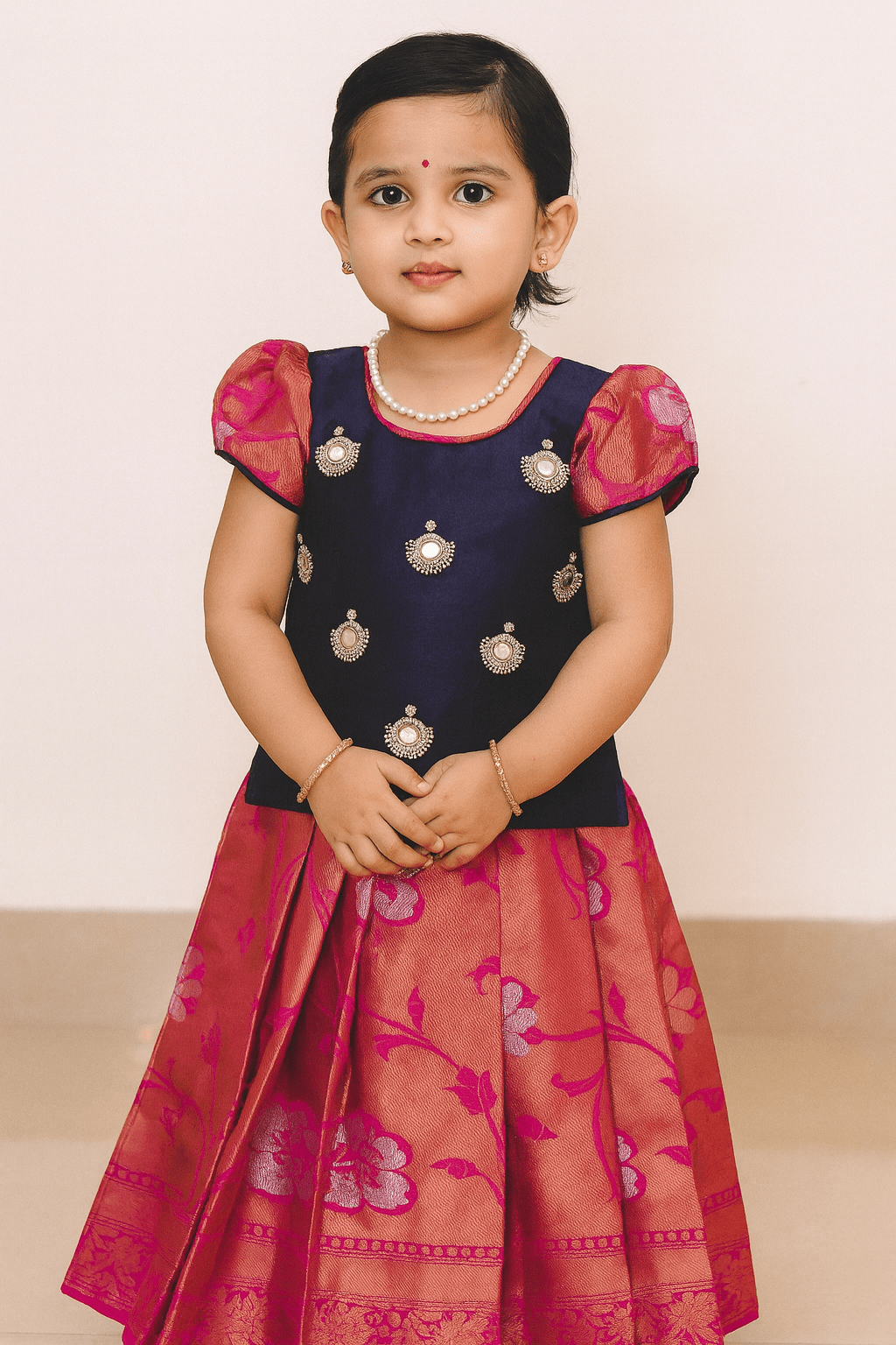 Kids Pink with Navy Traditional Aari Pattupavadai PPP1749 - Prince N Princess