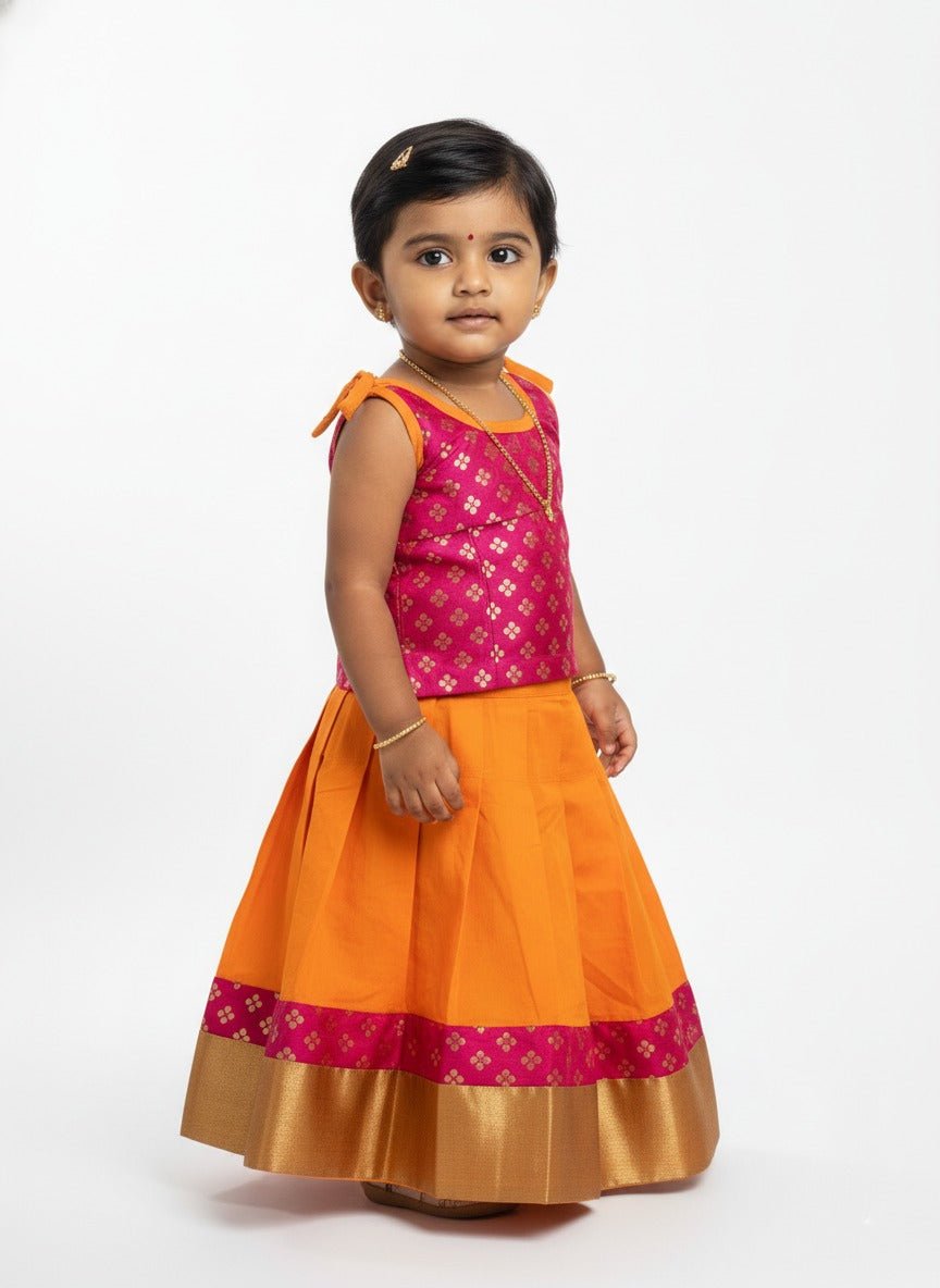 Kids Pink With Yellow Raw Silk Lehenga Choli LKPL001 - Prince N Princess