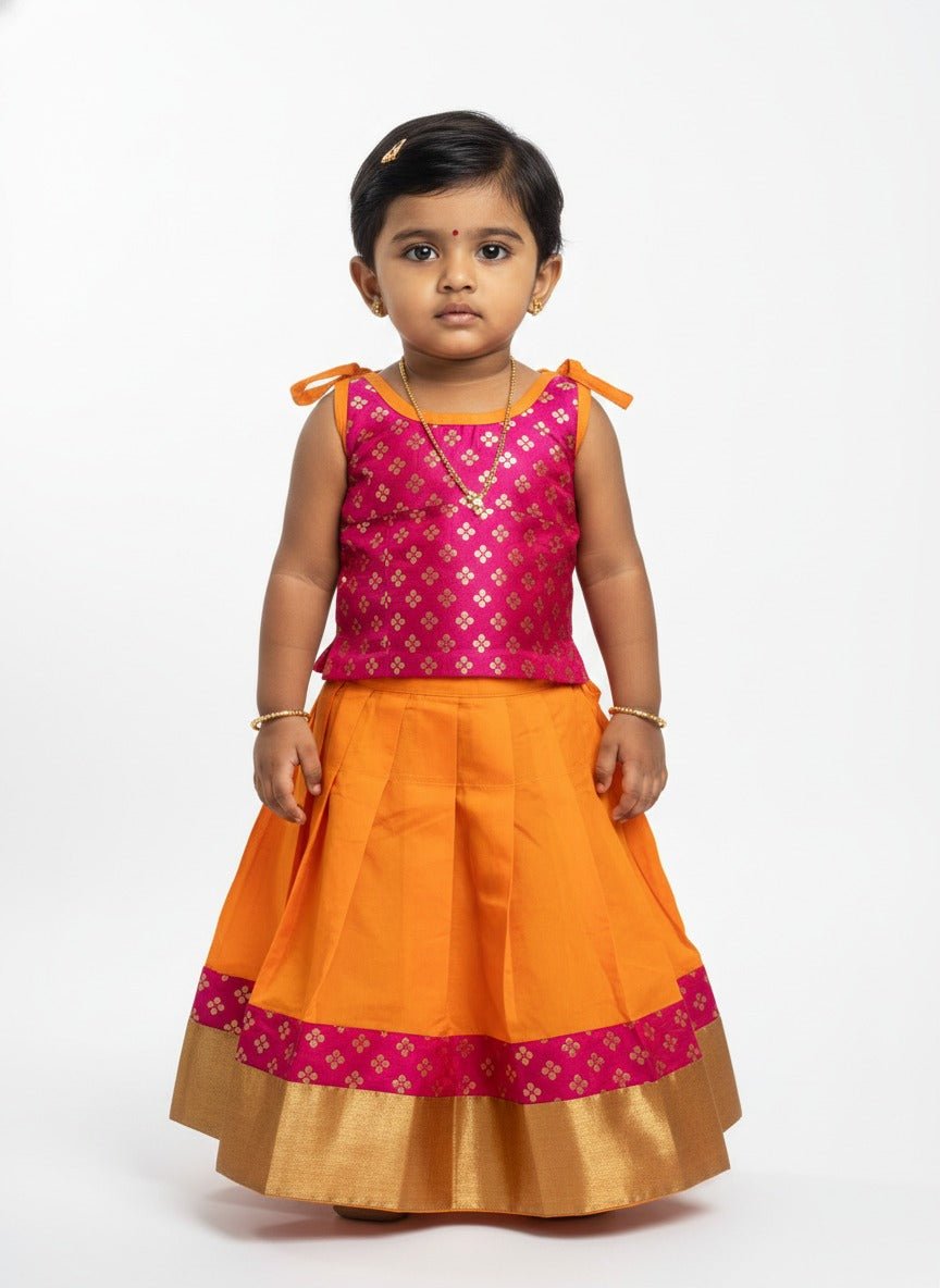 Kids Pink With Yellow Raw Silk Lehenga Choli LKPL001 - Prince N Princess