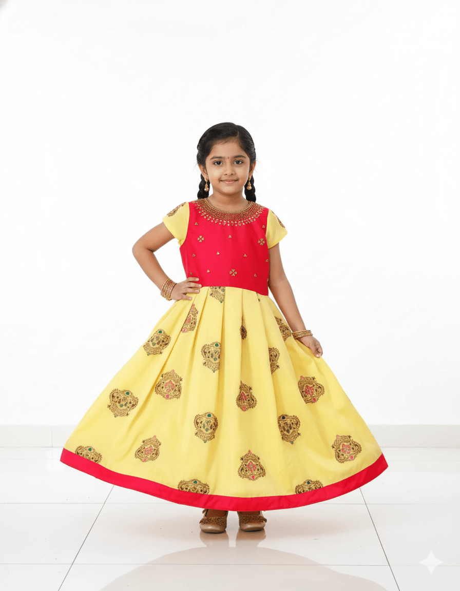 Kids Pink Yellow Organza AARI Ethnic Party Gown PG185 - Prince N Princess