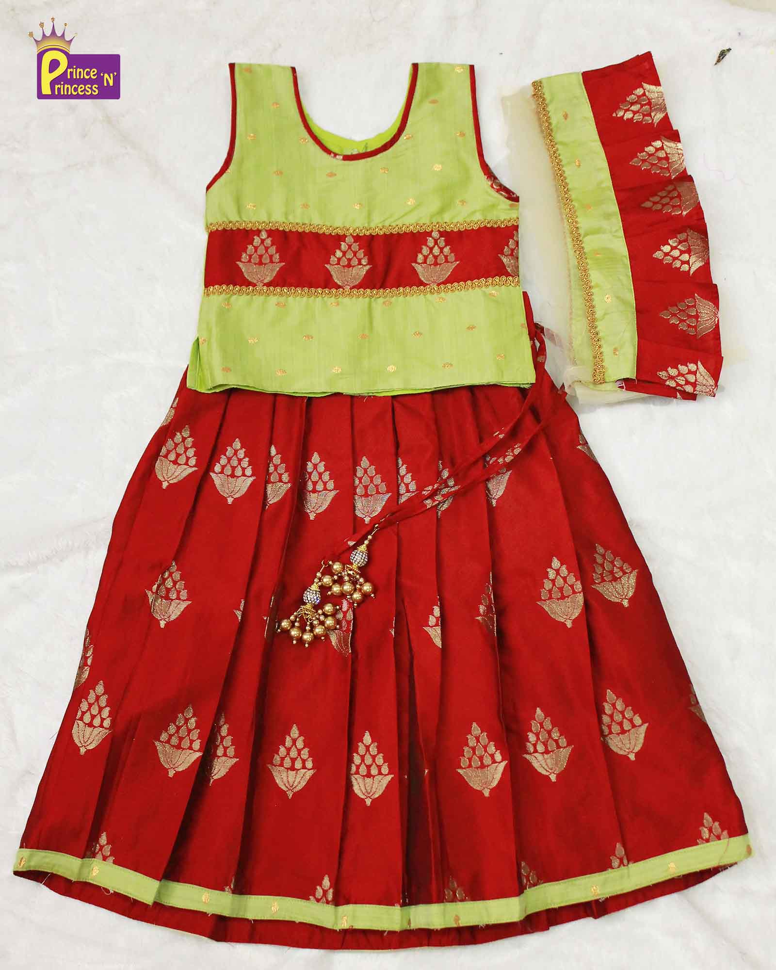Kids Pista Green Skirt with Red Lehenga Choli LC081 - Prince N Princess