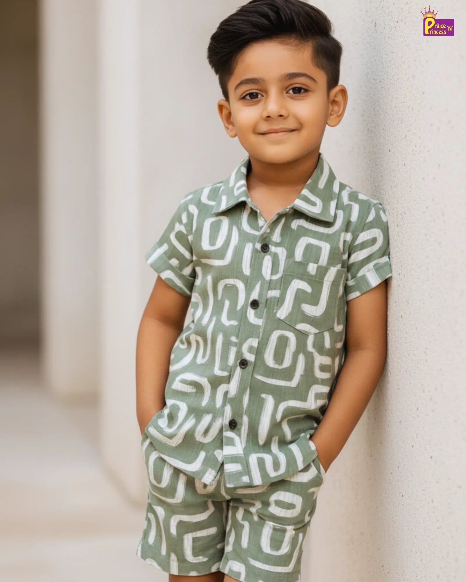 pista green kids shirt and shorts set popcorn fabric summer co ord outfit princenprincess