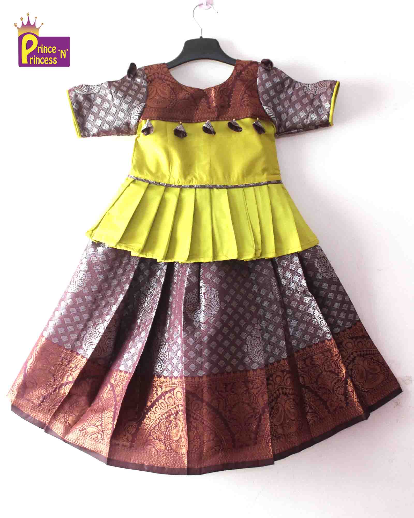 Kids Prince N Princess Lime Green with Dark whine Traditional Pattu Pavadai PPP1316 - Prince N Princess