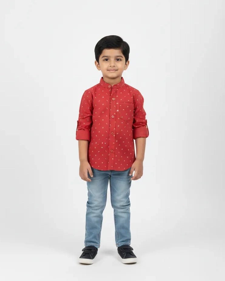 Kids Printed Full Sleeve Shirt in Red ST212 - Prince N Princess