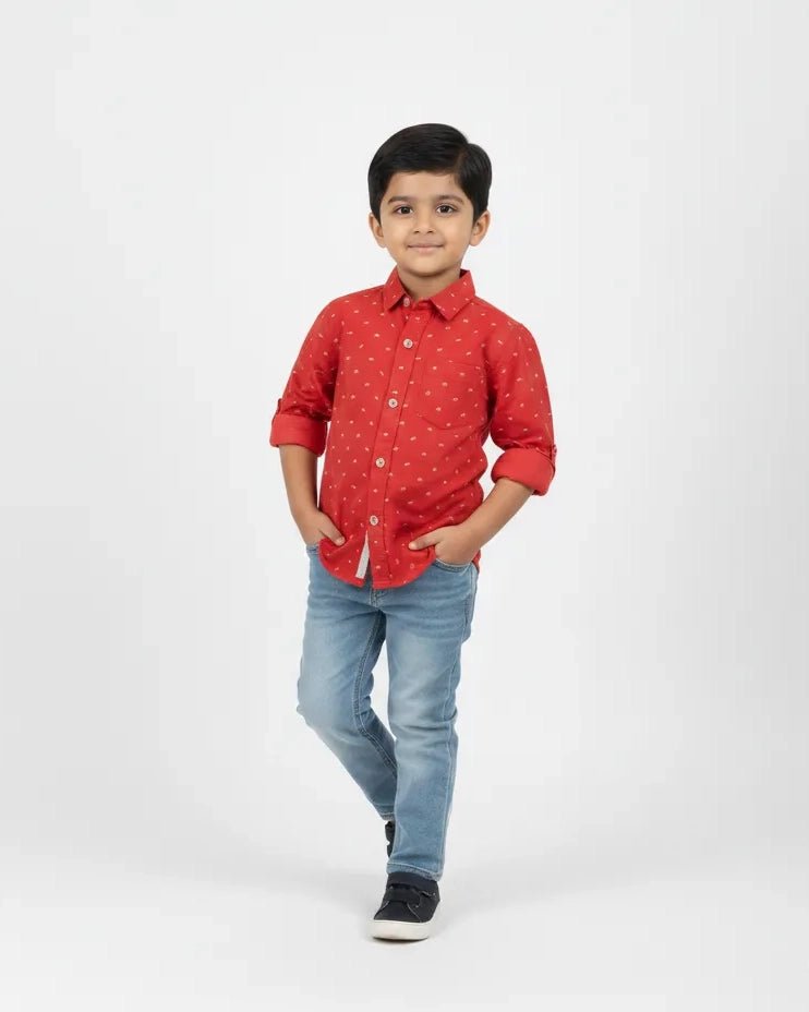 Kids Printed Full Sleeve Shirt in Red ST212 - Prince N Princess