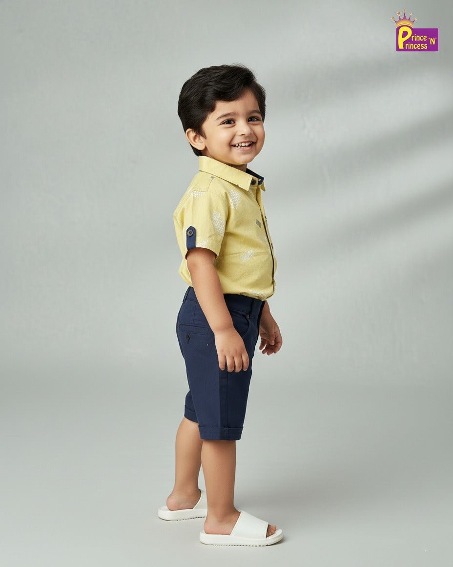 Kids Printed Half Sleeve Shirt in Yellow with Navy ST221 - Prince N Princess