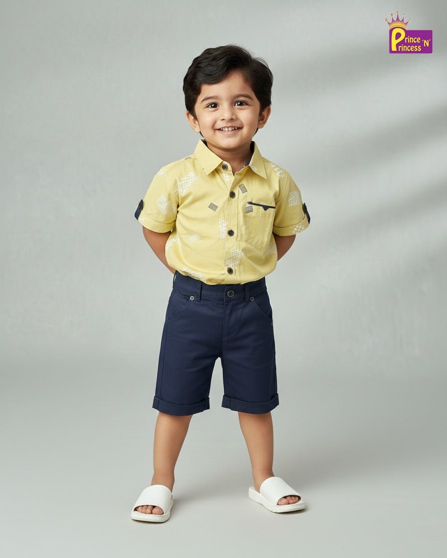 Kids Printed Half Sleeve Shirt in Yellow with Navy ST221 - Prince N Princess