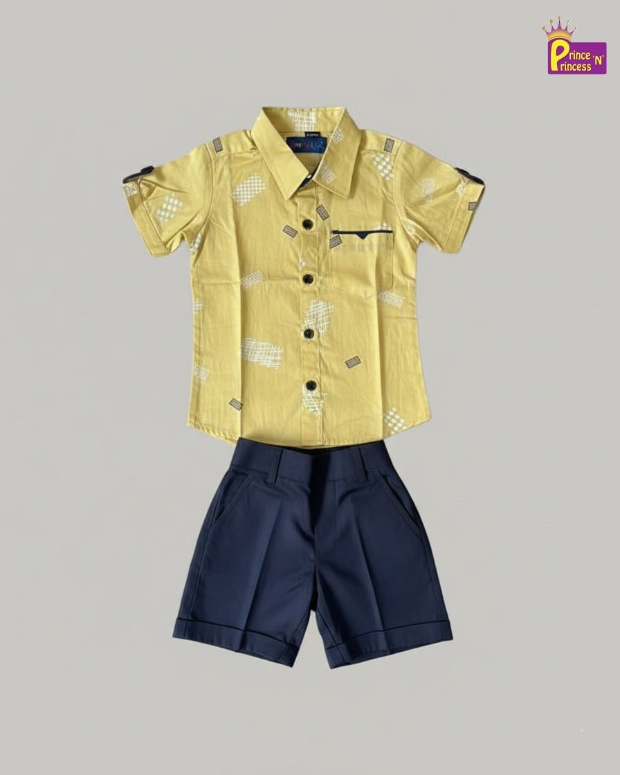 Kids Printed Half Sleeve Shirt in Yellow with Navy ST221 - Prince N Princess
