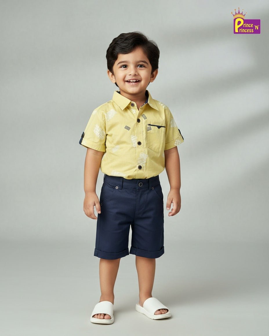 Kids Printed Half Sleeve Shirt in Yellow with Navy ST221 - Prince N Princess