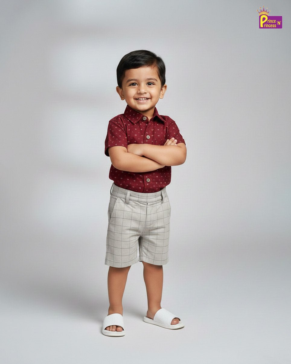 Kids Printed Half Sleeve Shirt Maroon with Grey ST223 - Prince N Princess