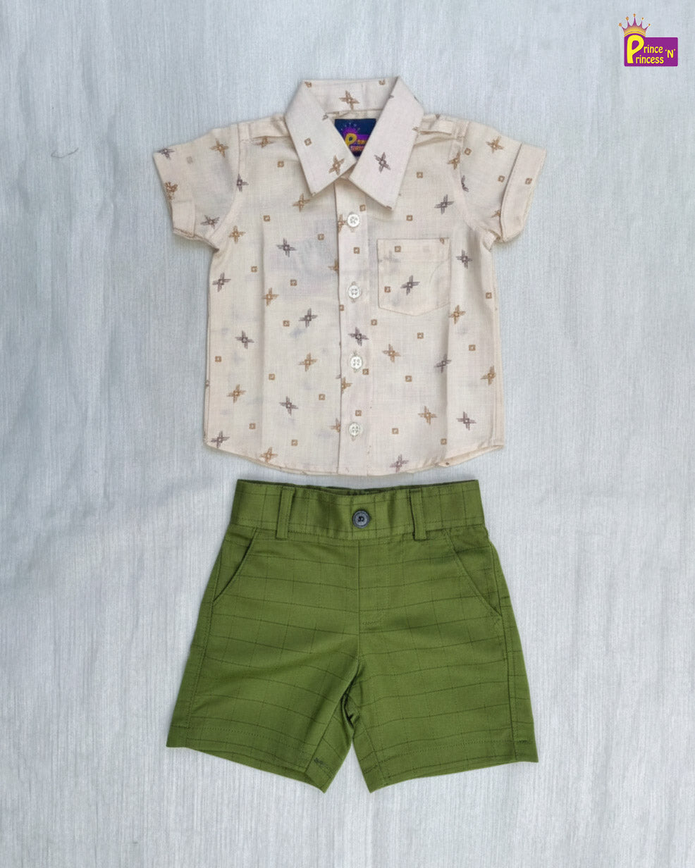 Kids Printed Half Sleeve Shirt Off White with Green ST222 - Prince N Princess