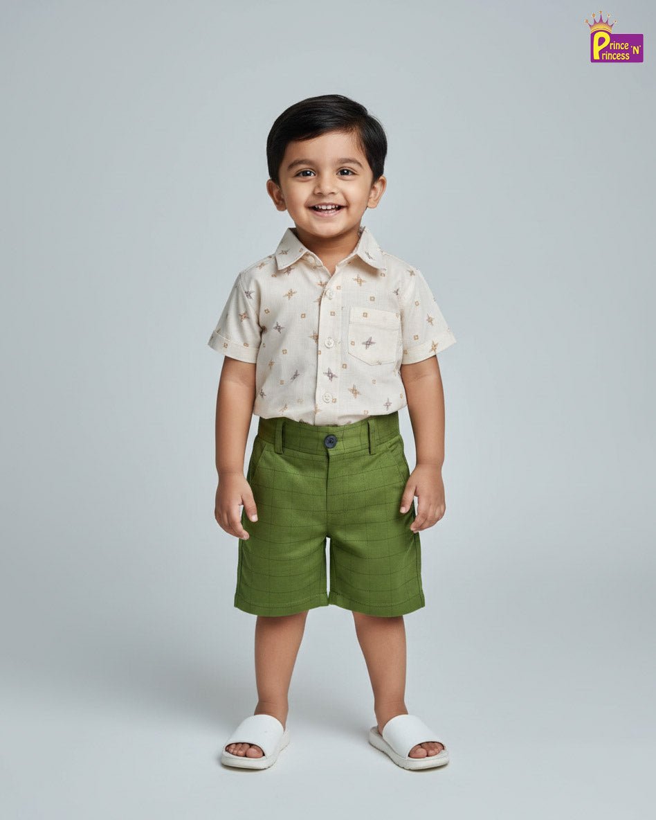 Kids Printed Half Sleeve Shirt Off White with Green ST222 - Prince N Princess