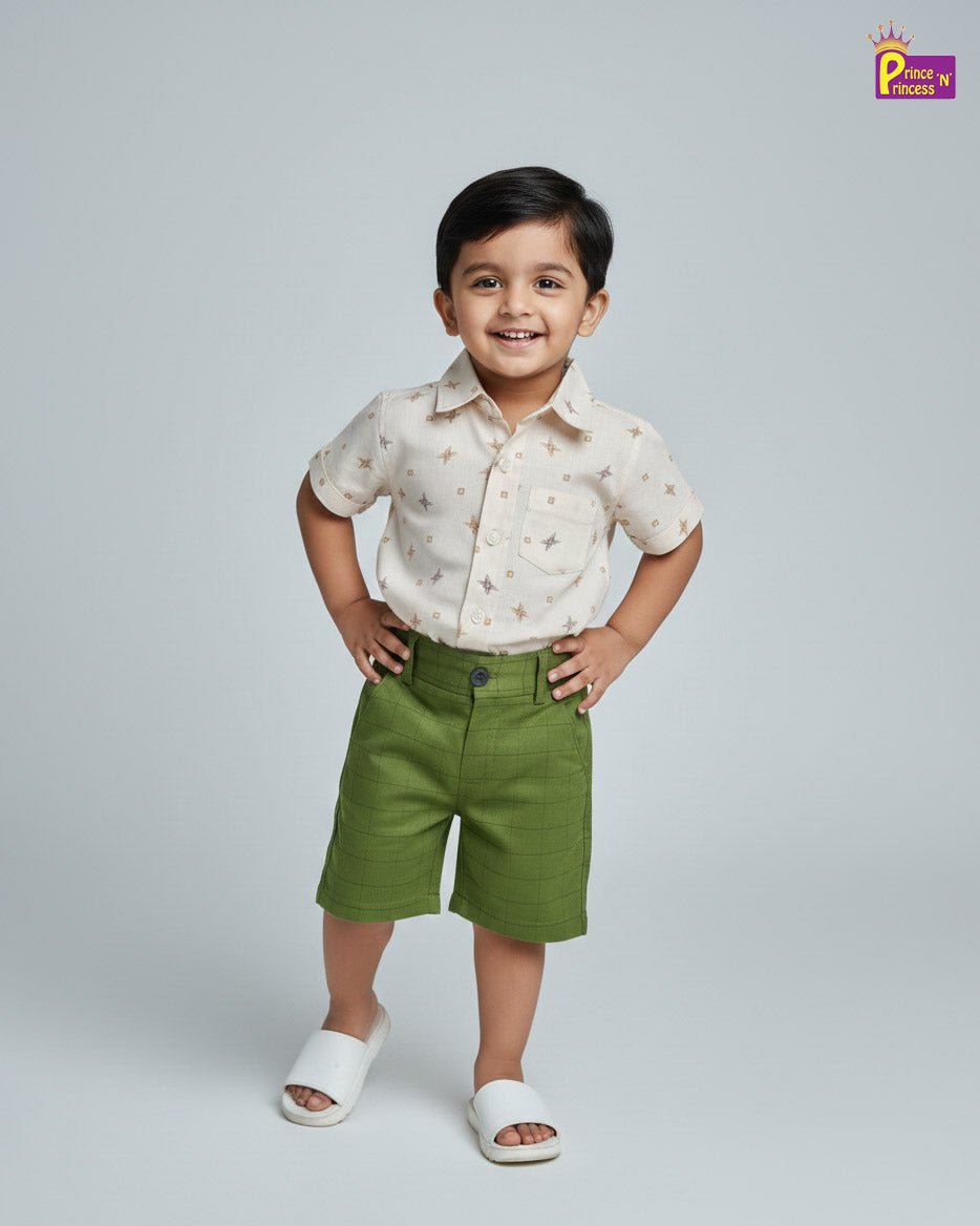 Kids Printed Half Sleeve Shirt Off White with Green ST222 - Prince N Princess
