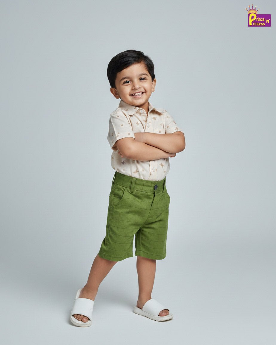 Kids Printed Half Sleeve Shirt Off White with Green ST222 - Prince N Princess