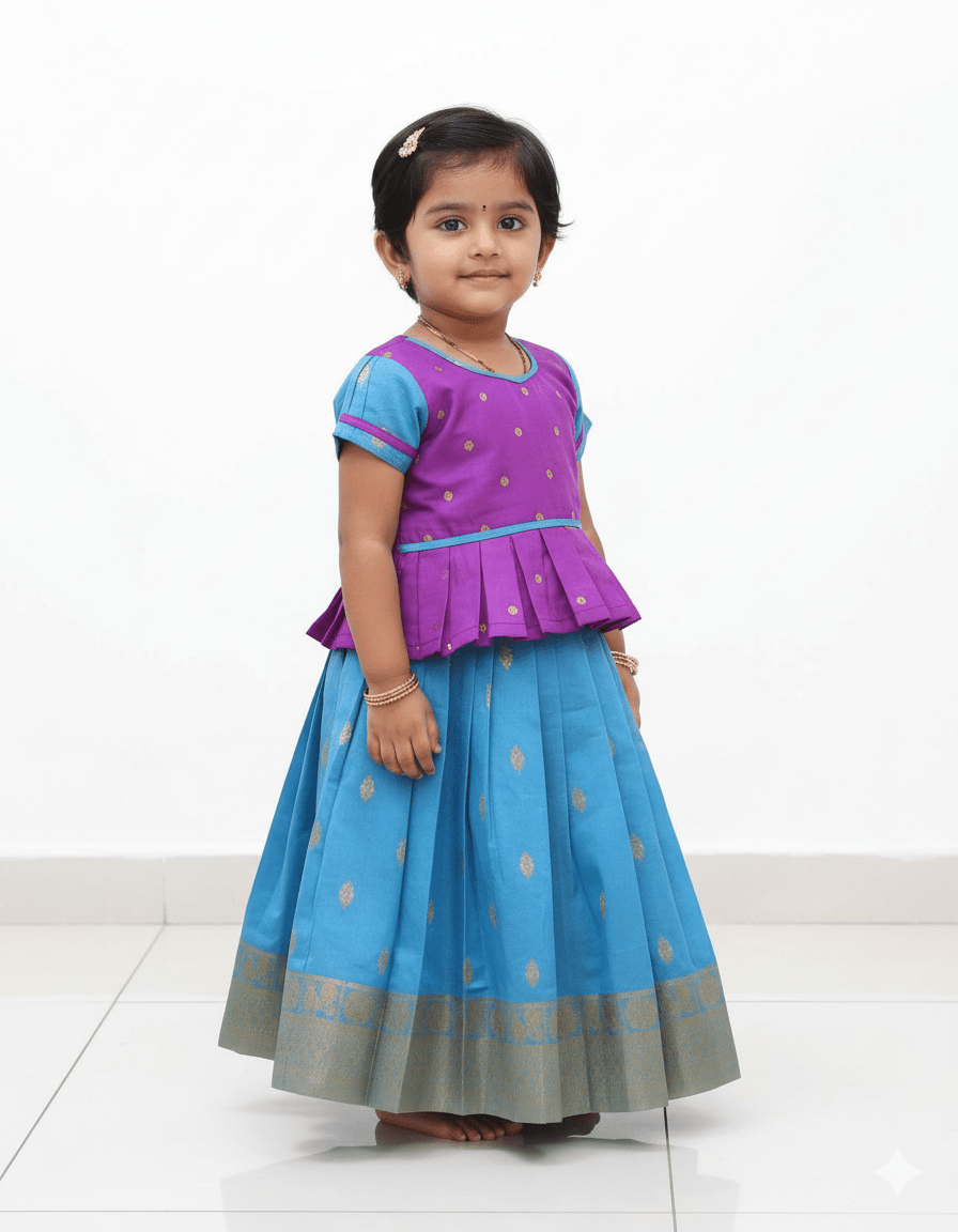Kids Purple Blue Traditional Pattu Pavadai PPP1201 - Prince N Princess