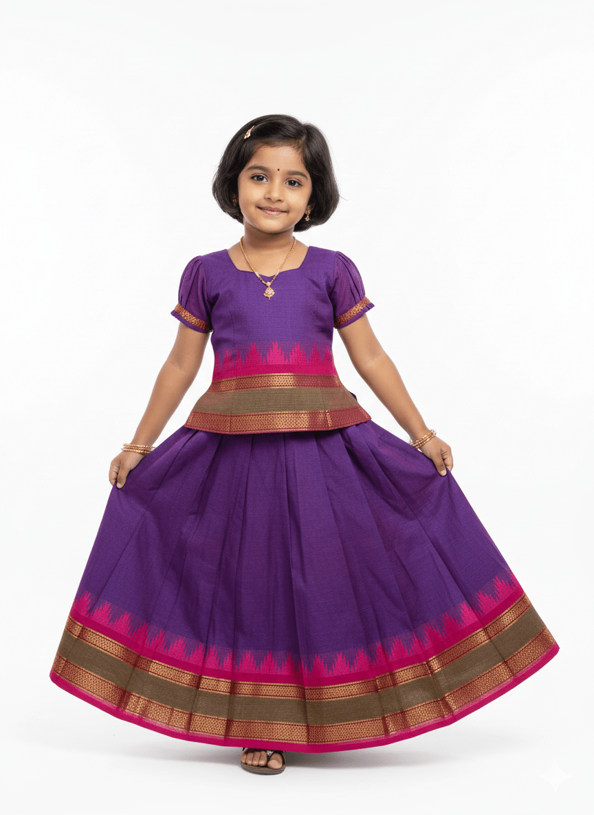 Kids Purple Chettinad Cotton Traditional Pavadai Sattai PPP1955 for kids festival wear