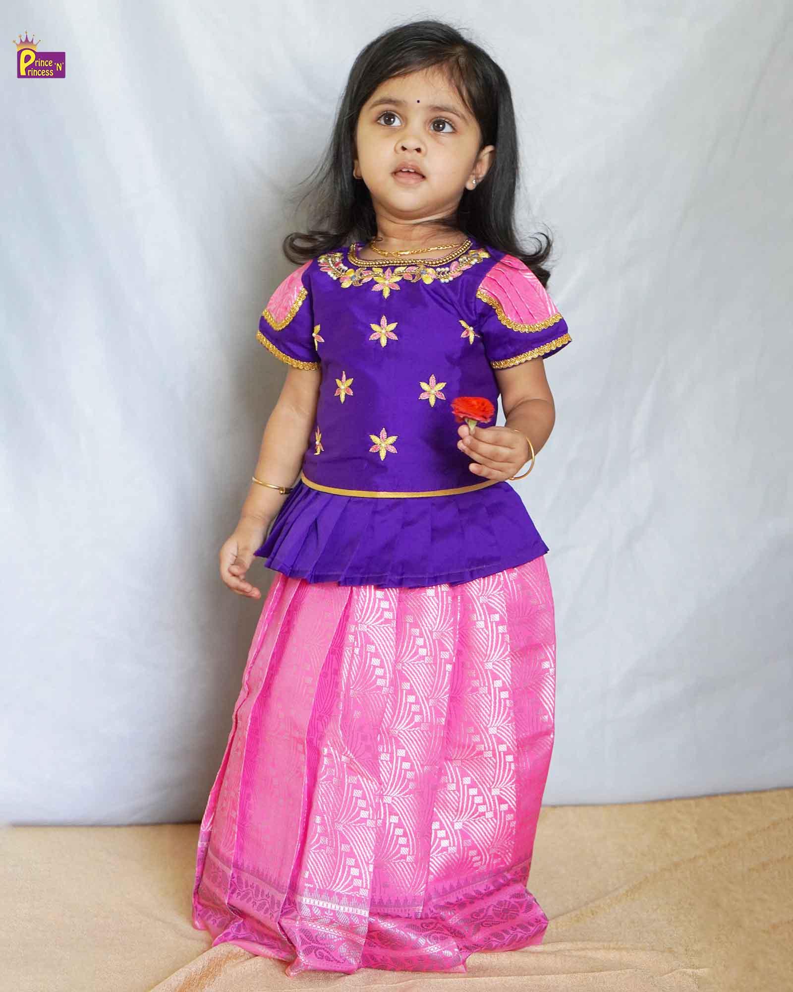 Kids Purple With Pink Aari Work Traditional Pattu Pavadai PPP1173 - Prince N Princess