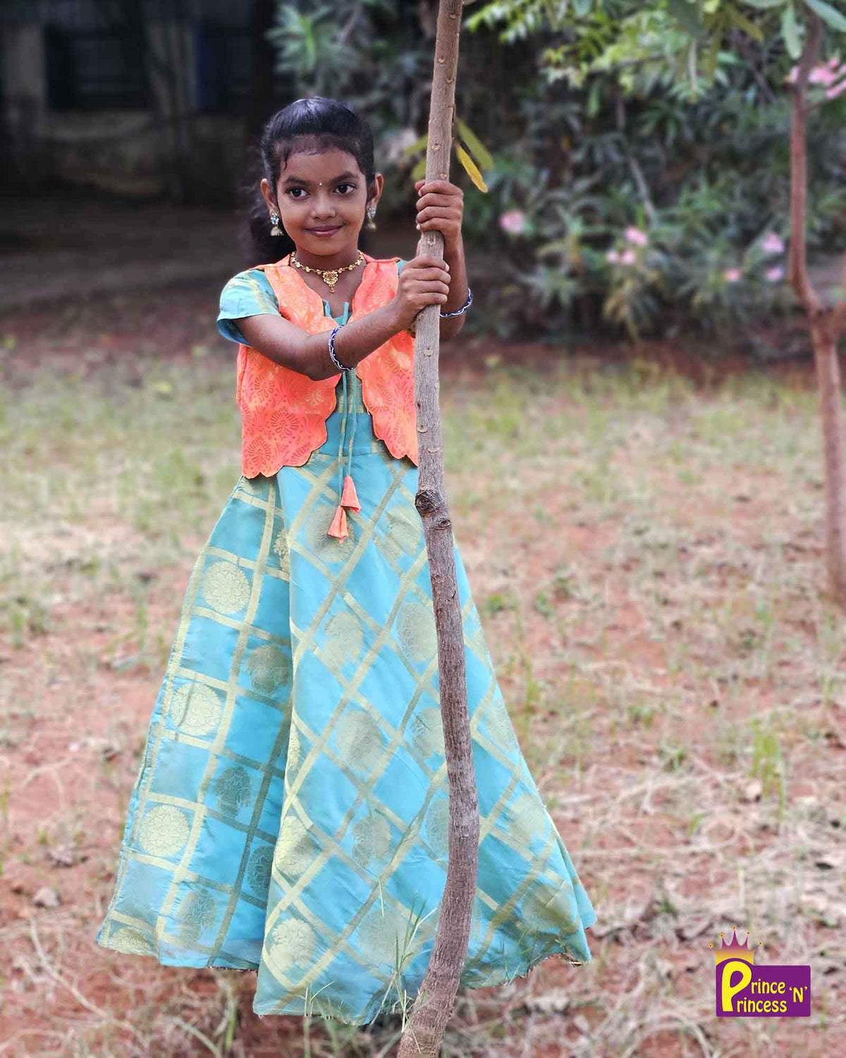 Kids Rama Blue Dark Peach Ethnic Coat Gown PG451 for kids festival wear