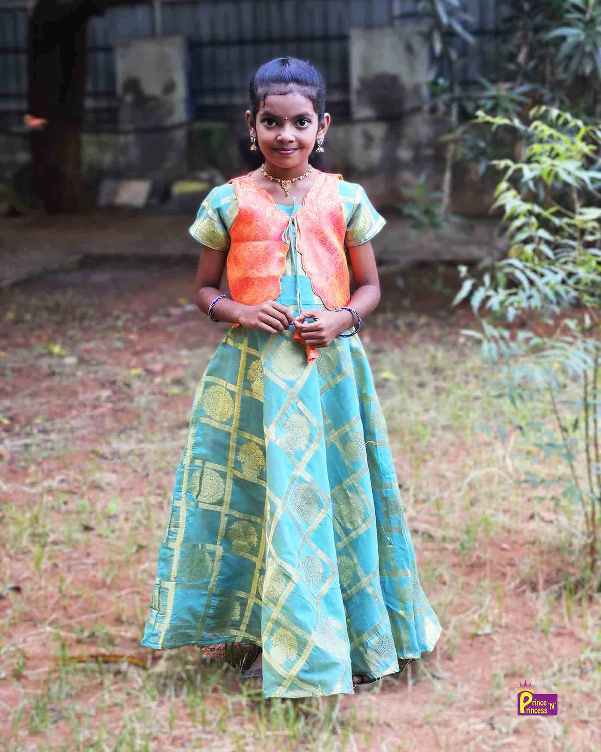Kids Rama Blue Dark Peach Ethnic Coat Gown PG451 for kids festival wear