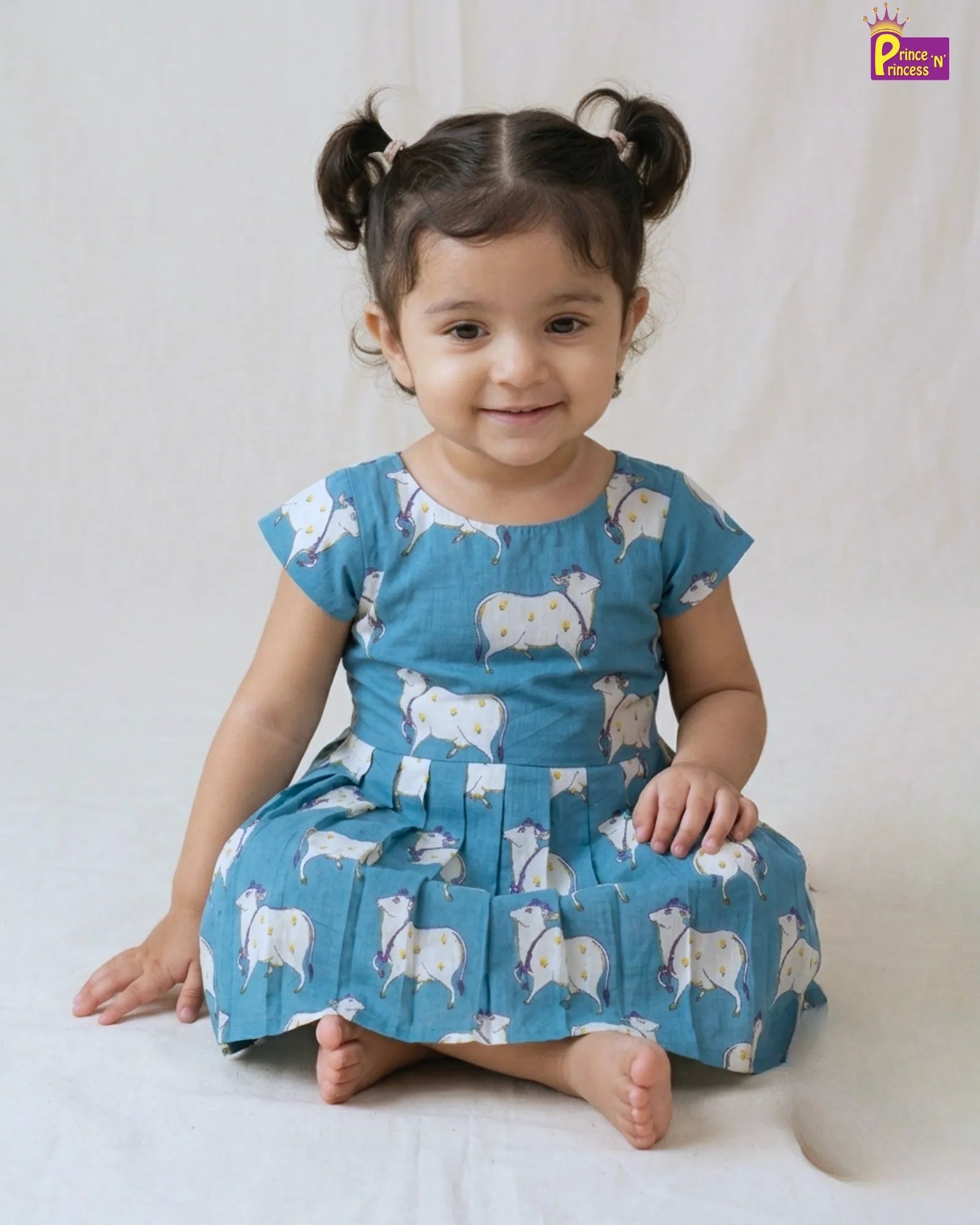 Kids Rama Blue Pichwai Cotton Frock CF383 for kids festival wear