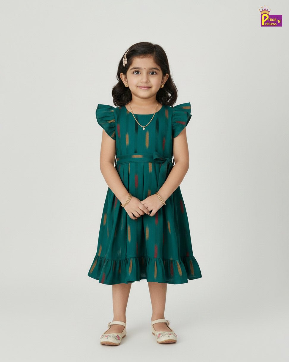Kids Rama Green Ikkat Cotton Frock CF391 - Prince N Princess