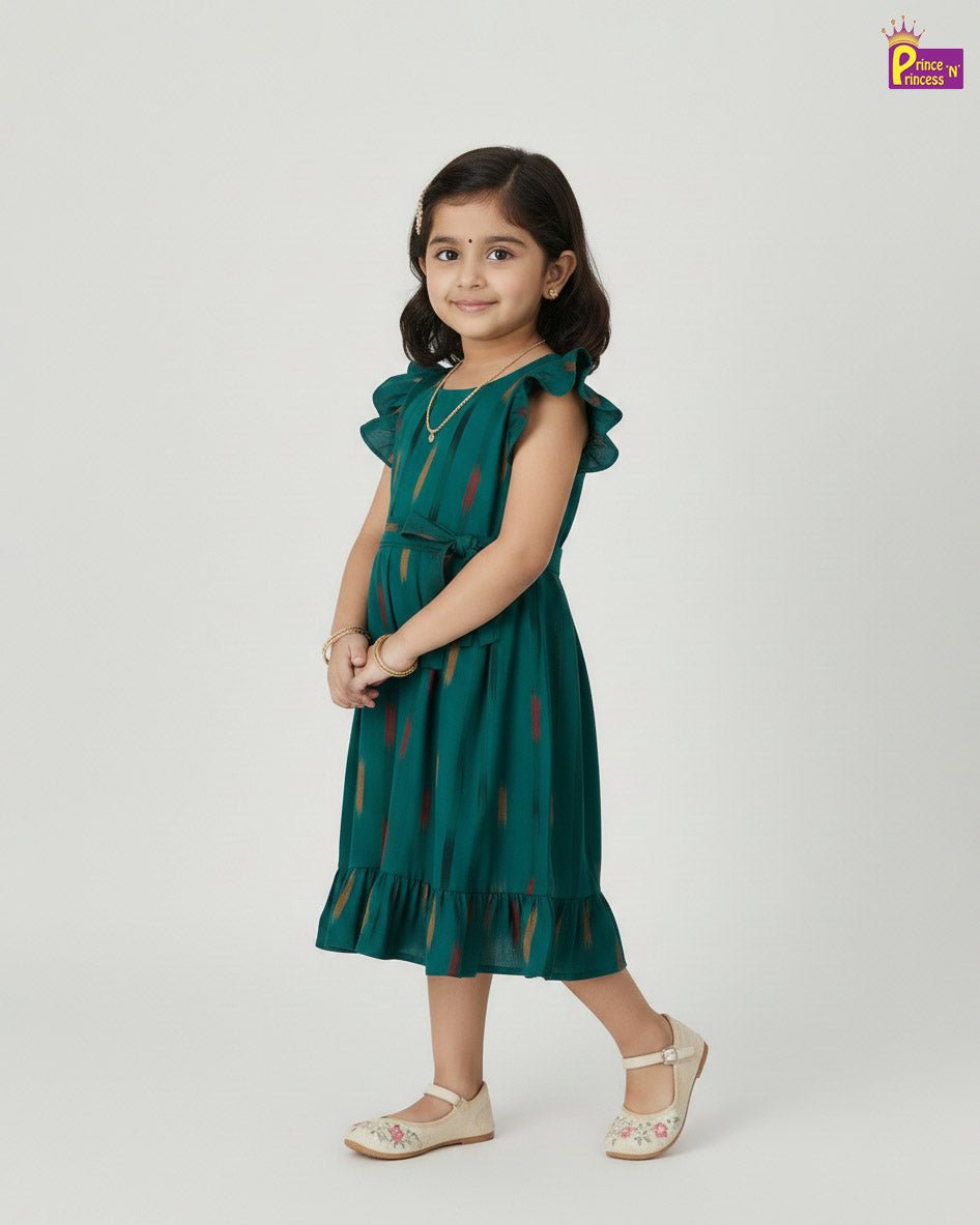 Kids Rama Green Ikkat Cotton Frock CF391 - Prince N Princess