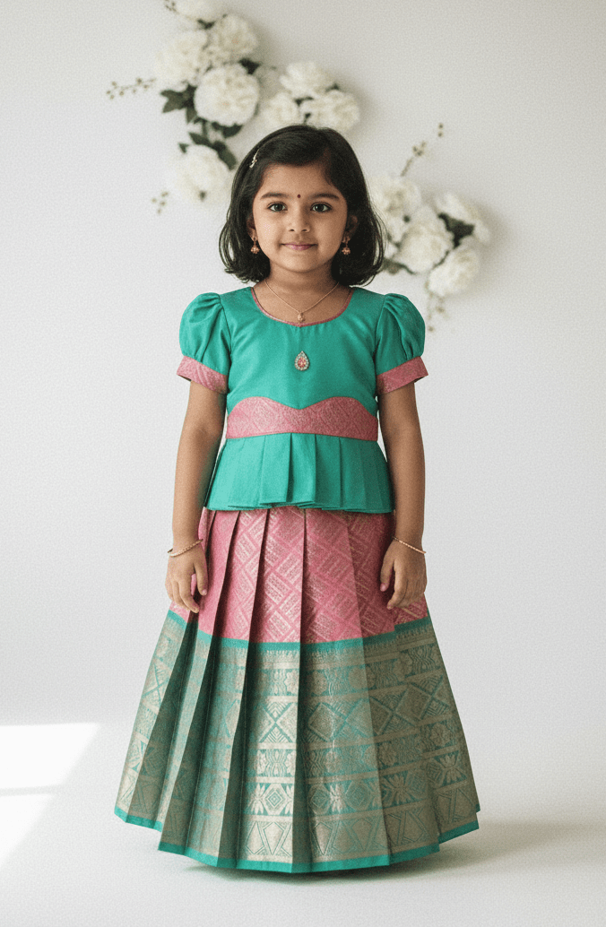 Kids Rama Green with Pink Festival Aari Pattupavadai - Boat Neck with Puff Sleeves