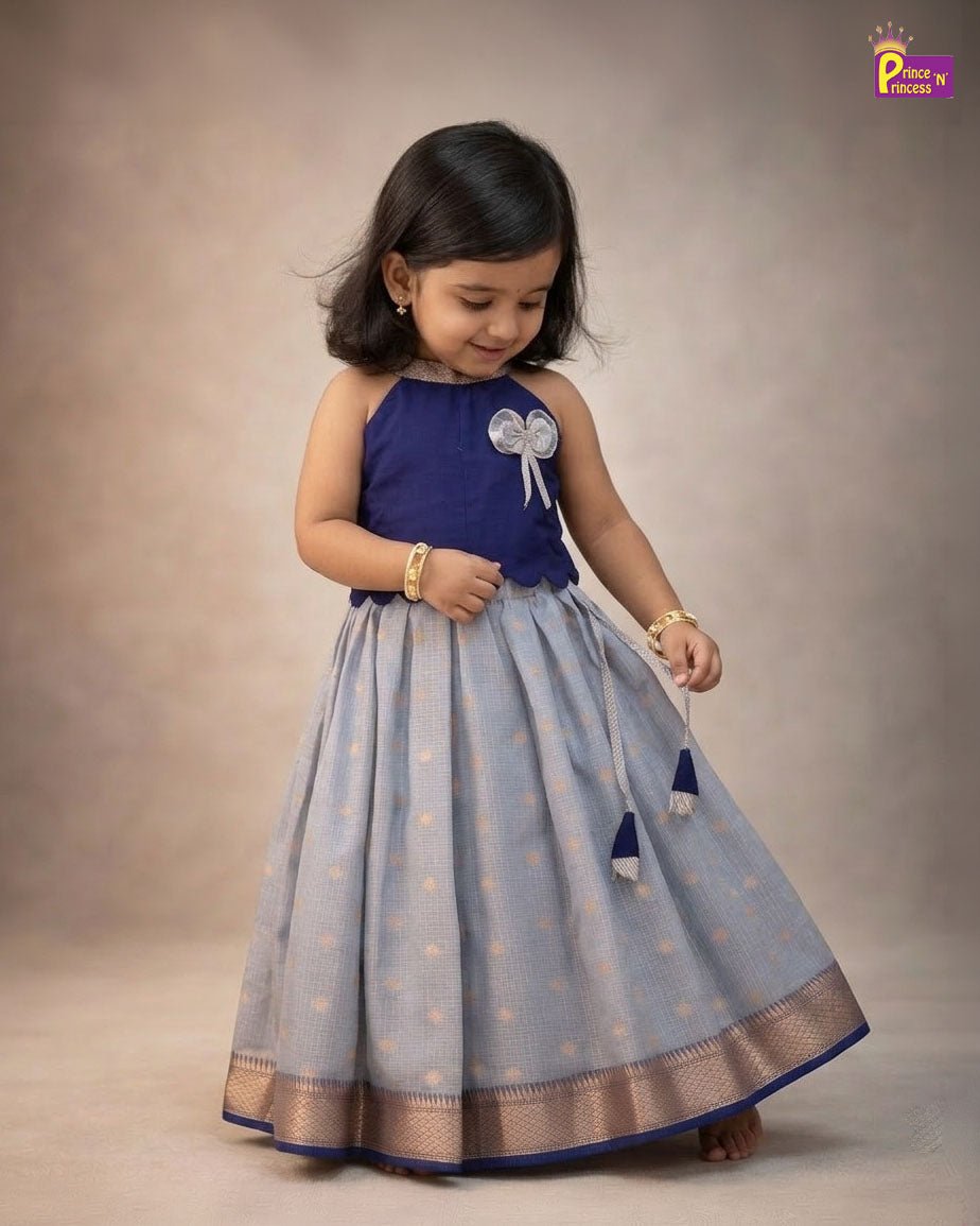 Kids Raw Silk Halter Neck Lehanga Choli in Navy with Silver LC298 - Prince N Princess
