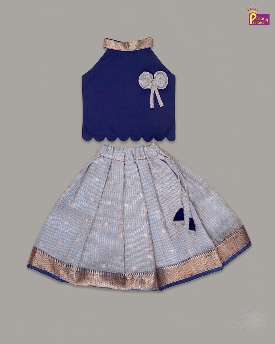 Kids Raw Silk Halter Neck Lehanga Choli in Navy with Silver LC298 - Prince N Princess