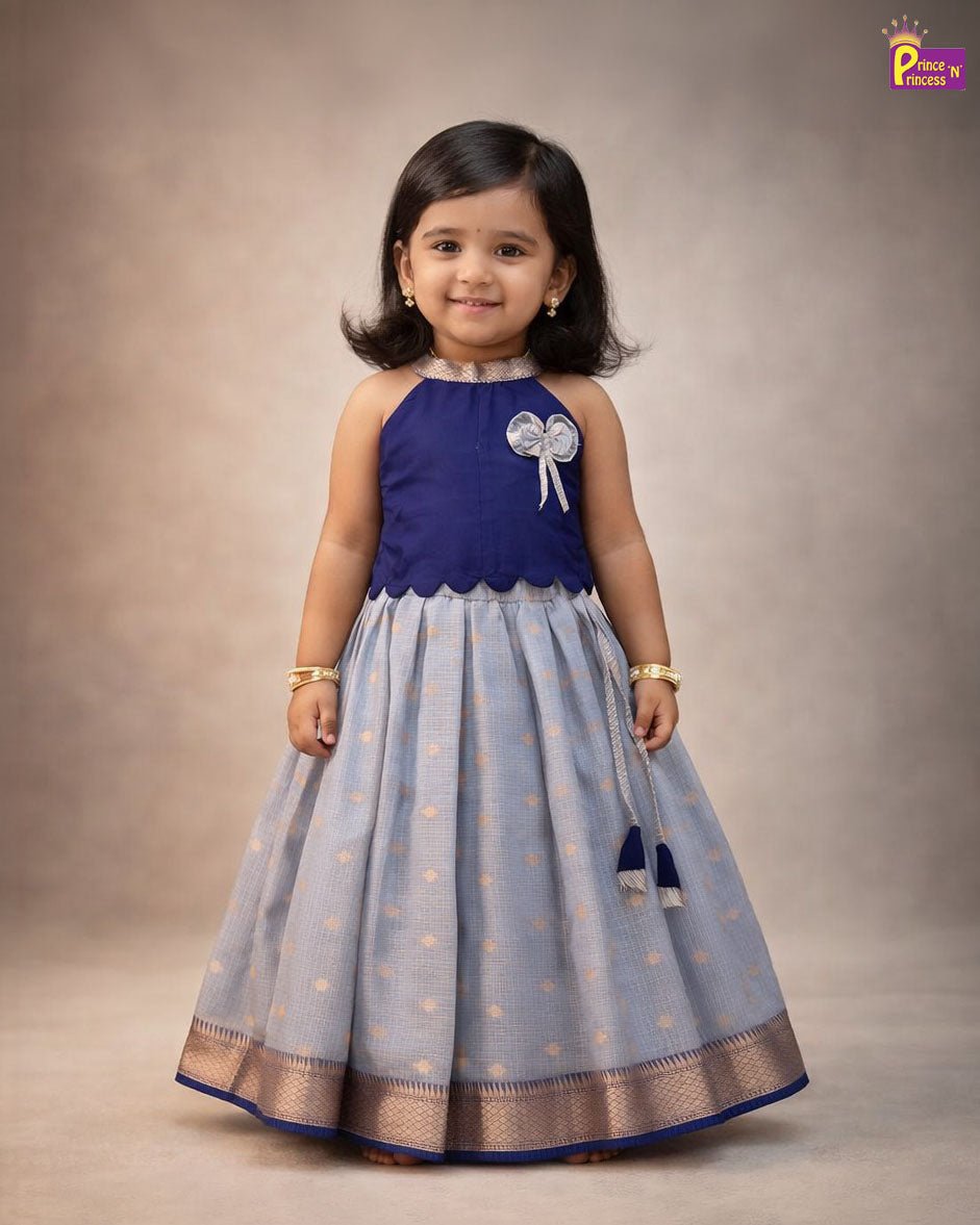 Kids Raw Silk Halter Neck Lehanga Choli in Navy with Silver LC298 - Prince N Princess