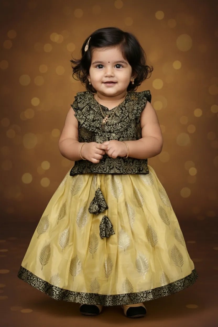 Kids Raw Silk Lehenga Choli Black with Yellow LC271 - Prince N Princess