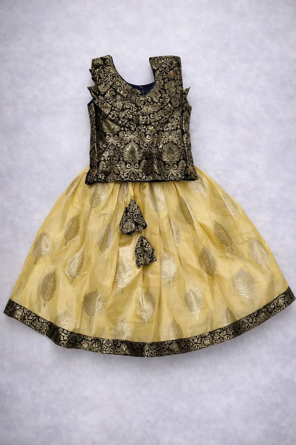 Kids Raw Silk Lehenga Choli Black with Yellow LC271 - Prince N Princess