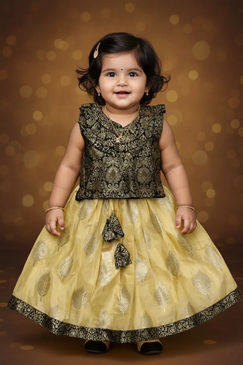 Kids Raw Silk Lehenga Choli Black with Yellow LC271 - Prince N Princess