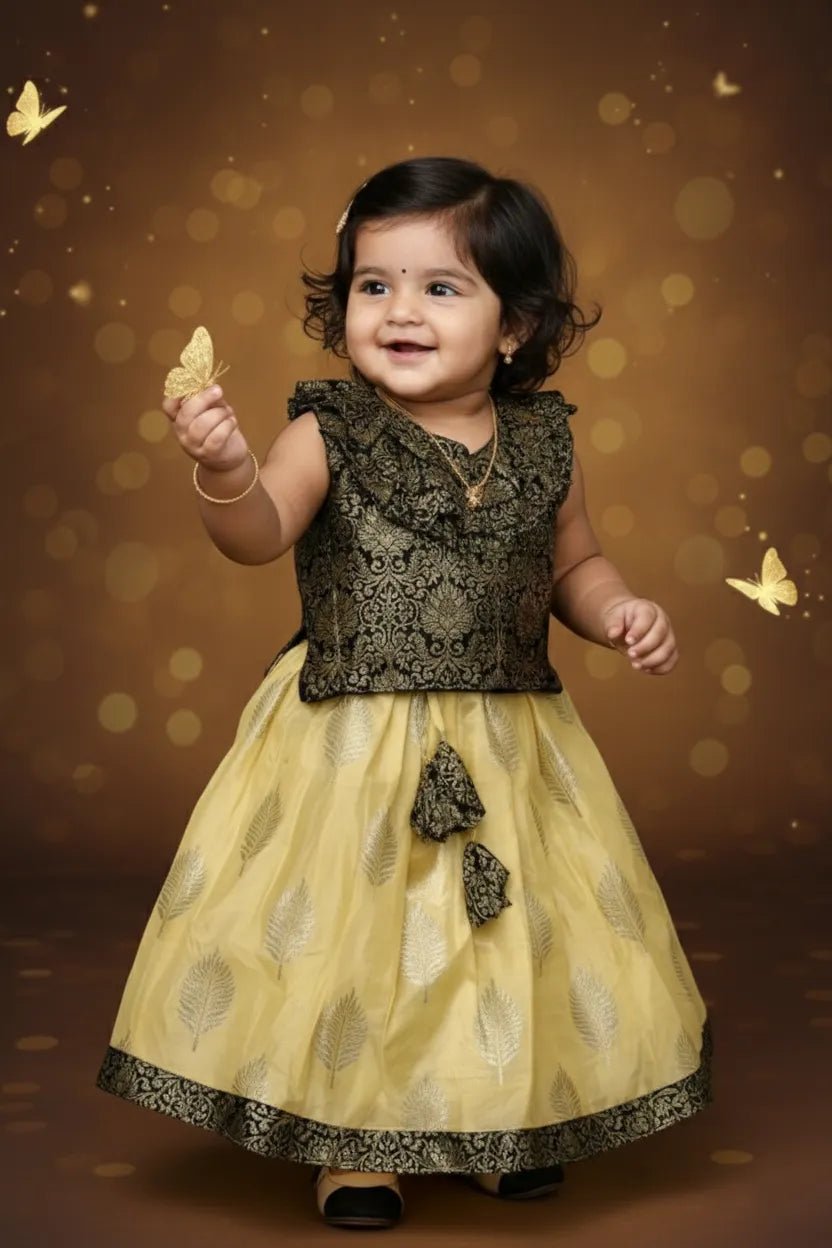 Kids Raw Silk Lehenga Choli Black with Yellow LC271 - Prince N Princess