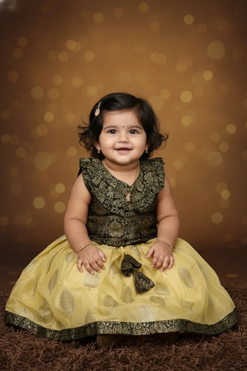 Kids Raw Silk Lehenga Choli Black with Yellow LC271 - Prince N Princess