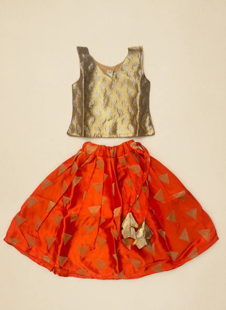 Kids Raw Silk Lehenga Choli Golden & Orange LC287 - Prince N Princess