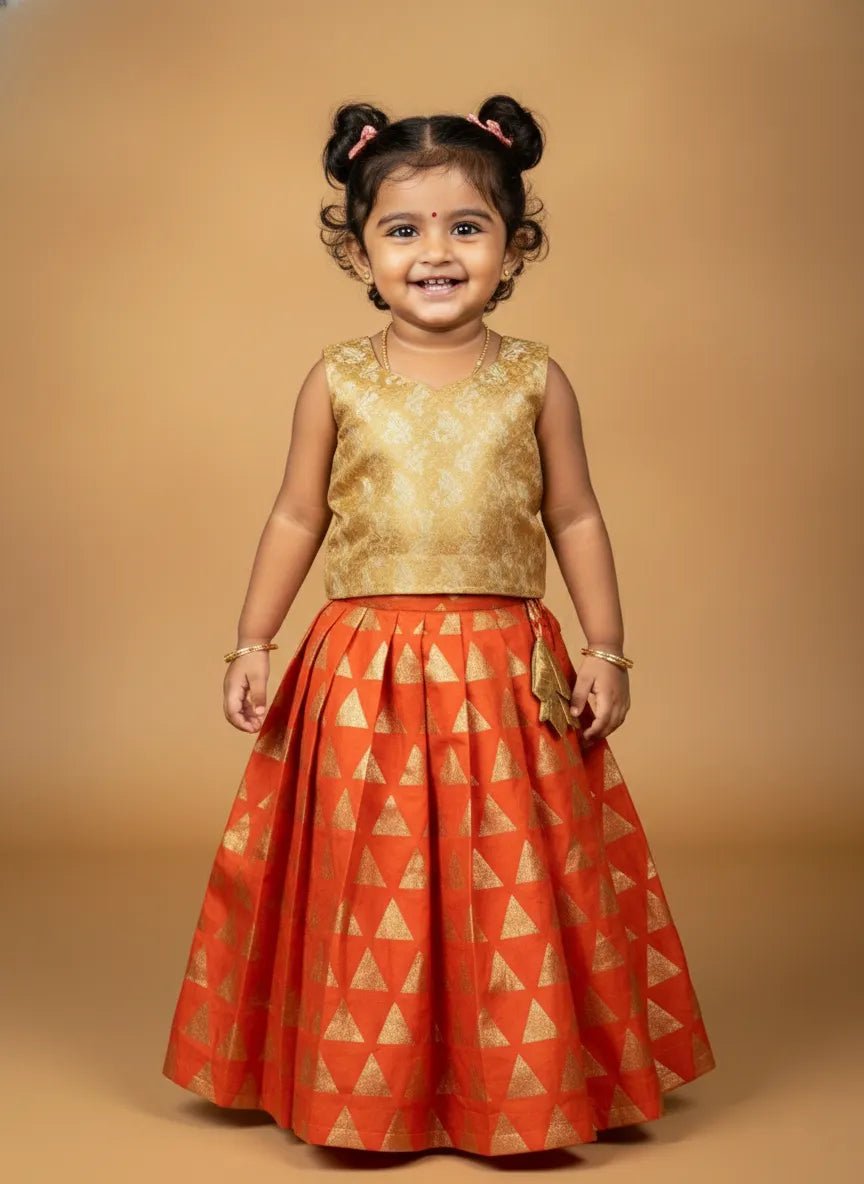 Kids Raw Silk Lehenga Choli Golden & Orange LC287 - Prince N Princess
