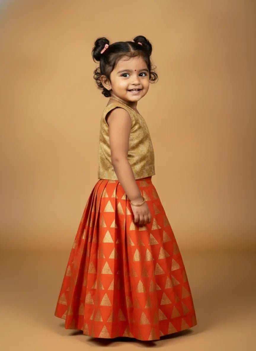 Kids Raw Silk Lehenga Choli Golden & Orange LC287 - Prince N Princess