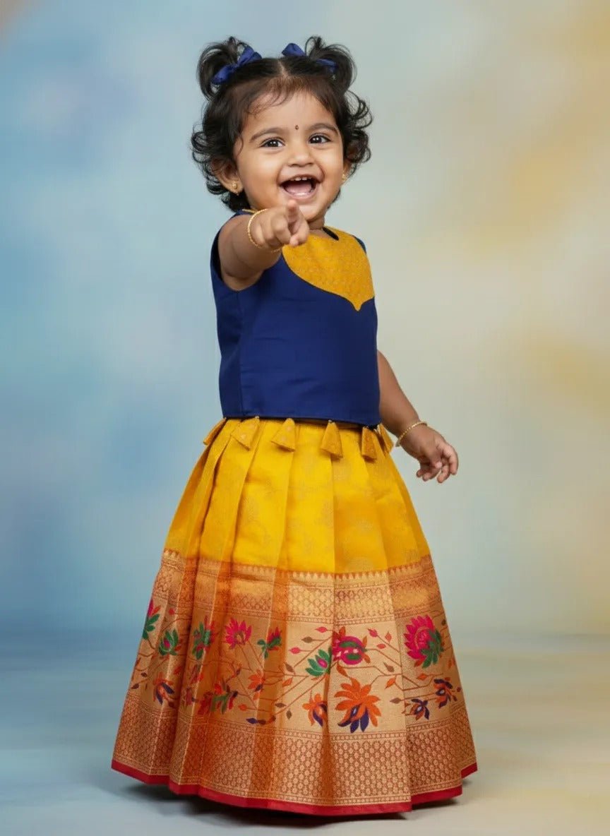 Kids Raw Silk Lehenga Choli Navy with Yellow LC289 - Prince N Princess