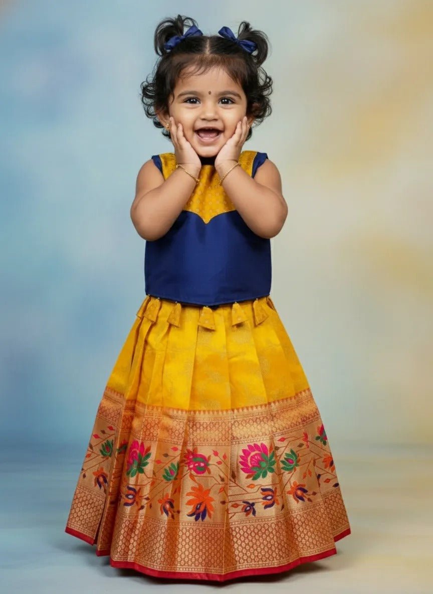 Kids Raw Silk Lehenga Choli Navy with Yellow LC289 - Prince N Princess