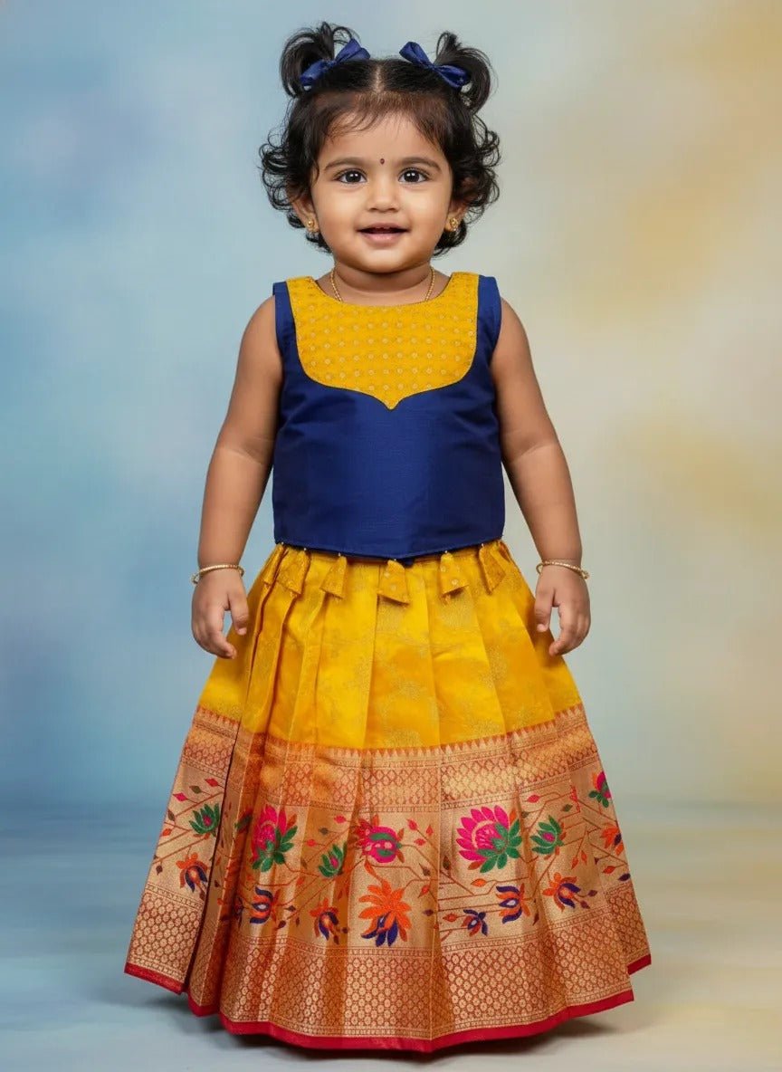 Kids Raw Silk Lehenga Choli Navy with Yellow LC289 - Prince N Princess