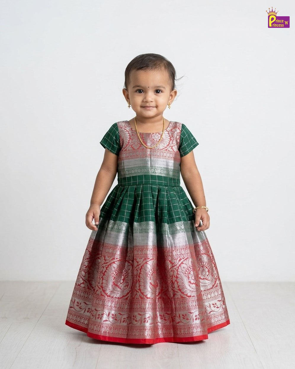 Kids Raw Silk Long Gown in Green & Red LDF366 - Prince N Princess