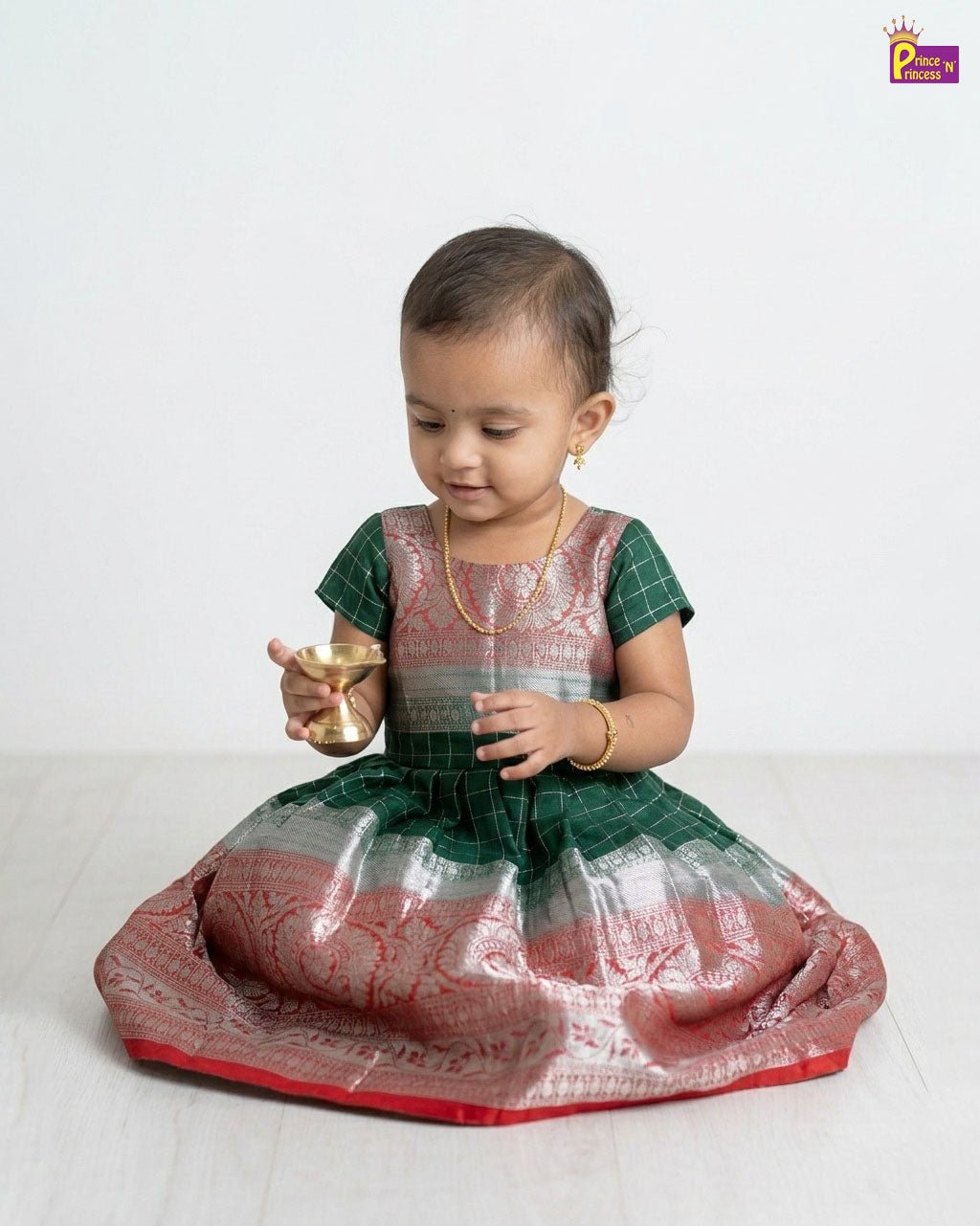 Kids Raw Silk Long Gown in Green & Red LDF366 - Prince N Princess