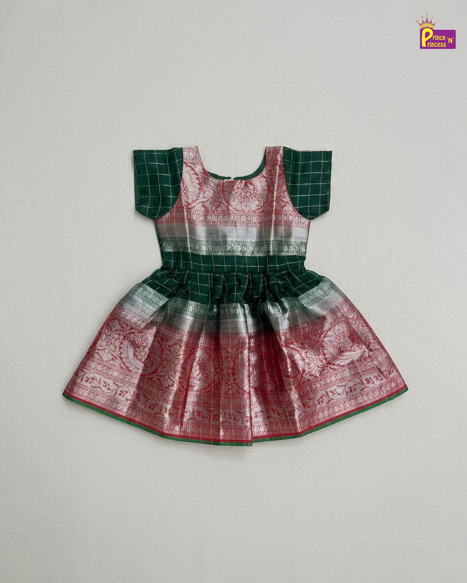 Kids Raw Silk Long Gown in Green & Red LDF366 - Prince N Princess