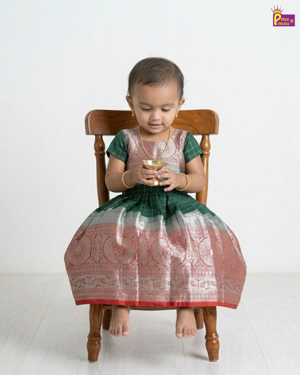 Kids Raw Silk Long Gown in Green & Red LDF366 - Prince N Princess