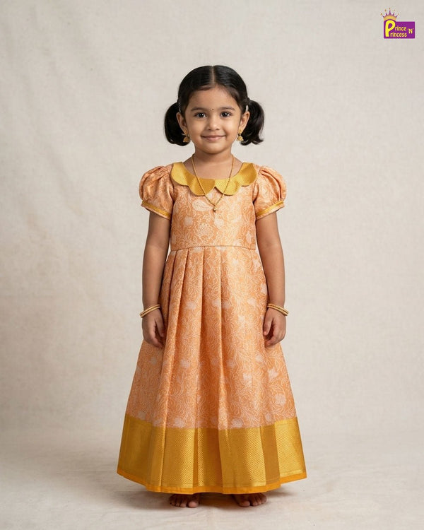Kids Raw Silk Traditional Long Gown Orange with Golden PG686 - Prince N Princess