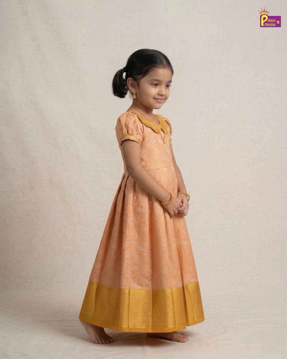 Kids Raw Silk Traditional Long Gown Orange with Golden PG686 - Prince N Princess