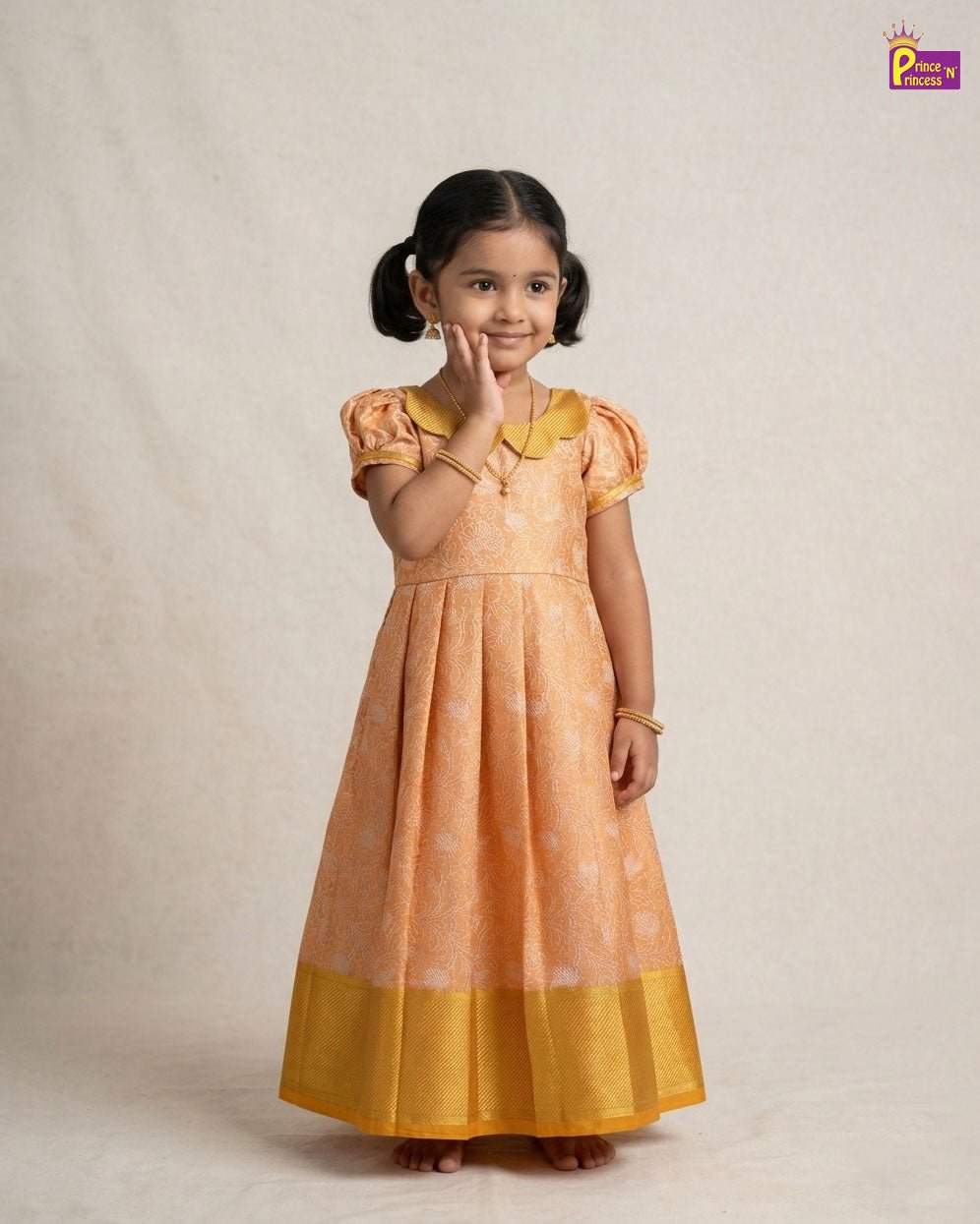 Kids Raw Silk Traditional Long Gown Orange with Golden PG686 - Prince N Princess